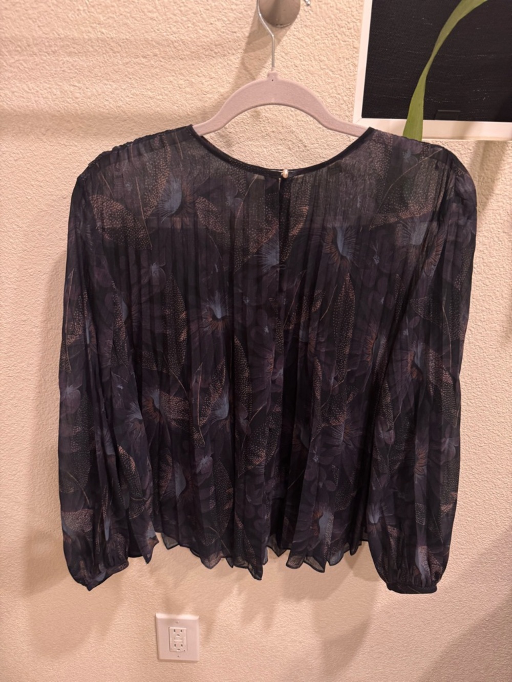 Vince Navy Floral Sheer Long-Sleeve Blouse